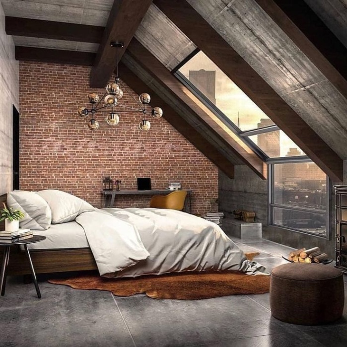 industrial style schlafzimmer Niche Utama Home Bett unter Dachschräge