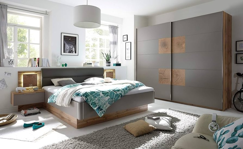 Niche Utama Home Capri Bedroom Complete Set  Piece Bed  Wardrobe  Cm Grey Wild Oak