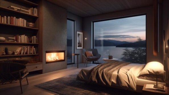 kamin im schlafzimmer Niche Utama Home Ein Schlafzimmer mit Kamin und Blick auf den See