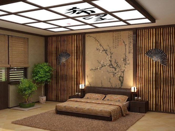 japanisches schlafzimmer Niche Utama Home japanese-style room with bamboo wallpaper, and a painting of a