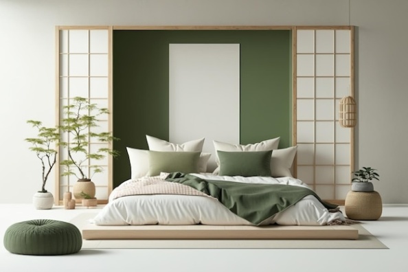 Niche Utama Home Premium Photo  Japandi Bedroom Mock Up In White And Green Tones