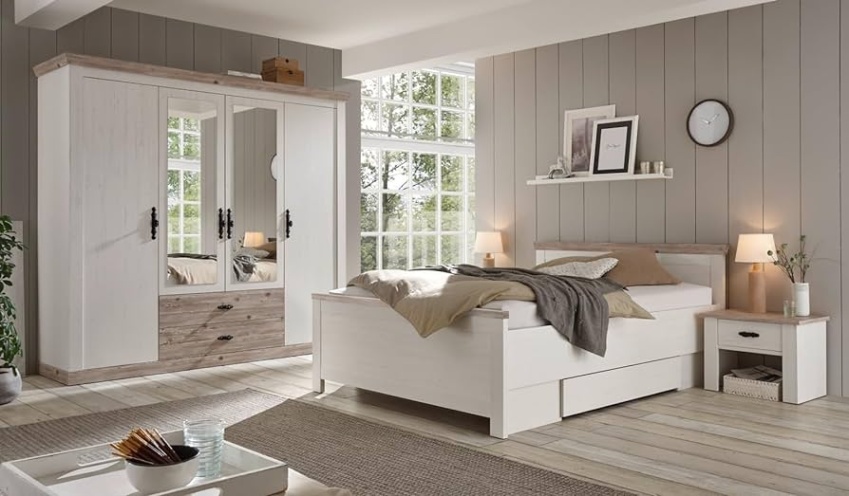 Niche Utama Home Schlafzimmer Komplett Set In Weiß Pinie Und Oslo Pinie Landhaus  Komplettzimmer Mit Doppelbett, Kleiderschrank Und  X Nachttisch Im  Landhaus Stil